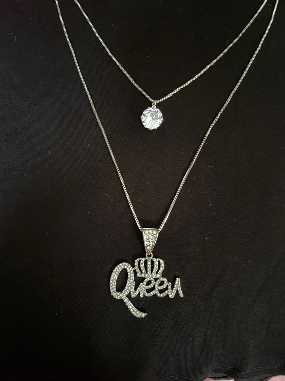 Silver 'Queen' Crown Pendant Layered Necklace - Silver
